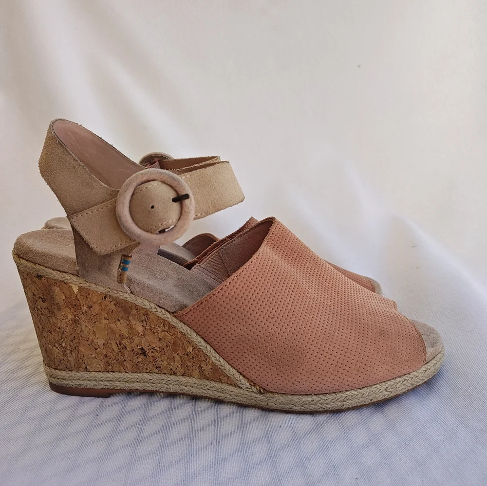 TOMS Tropez Wedge Sandal Nubuck‎ Leather Open Toe Cork 10 Tan Peach Beige